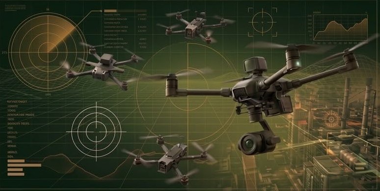 Drones de aerovigilancia táctica con gráficos de análisis de data sobre una zona industrial